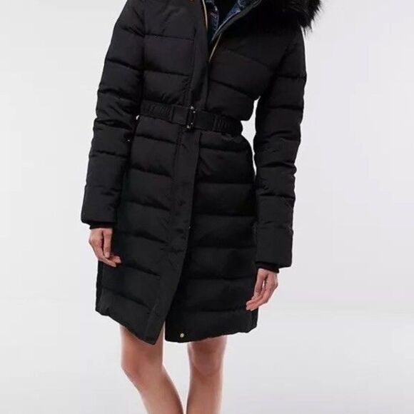 NEW EXPRESS Black Long Down Belted Smocked Puffer Jacket Coat XXS - Picture 4 of 10